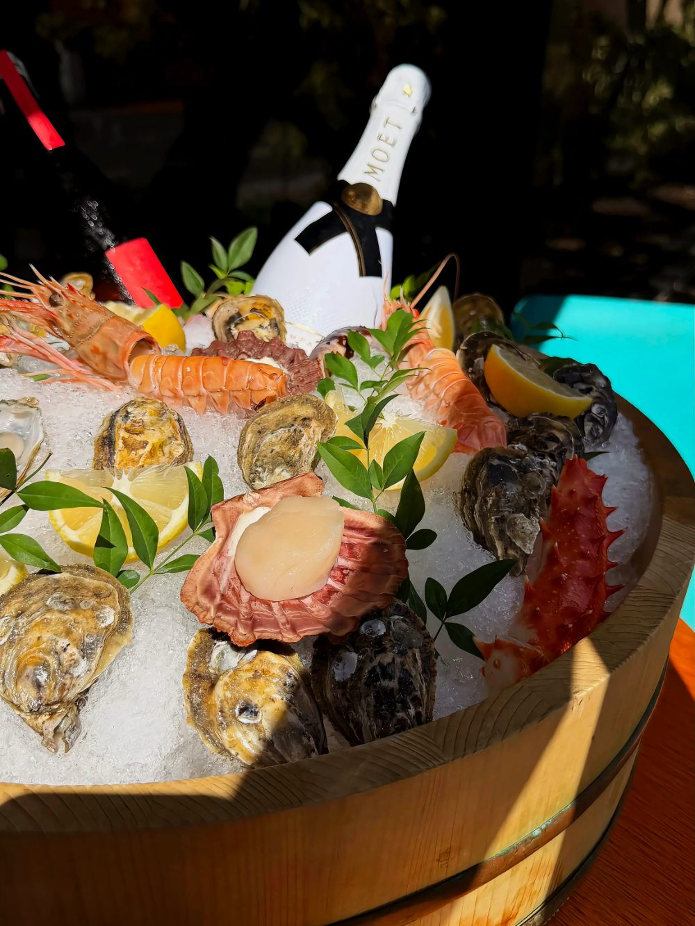 Frutos do mar no gelo, servidos com champanhe
