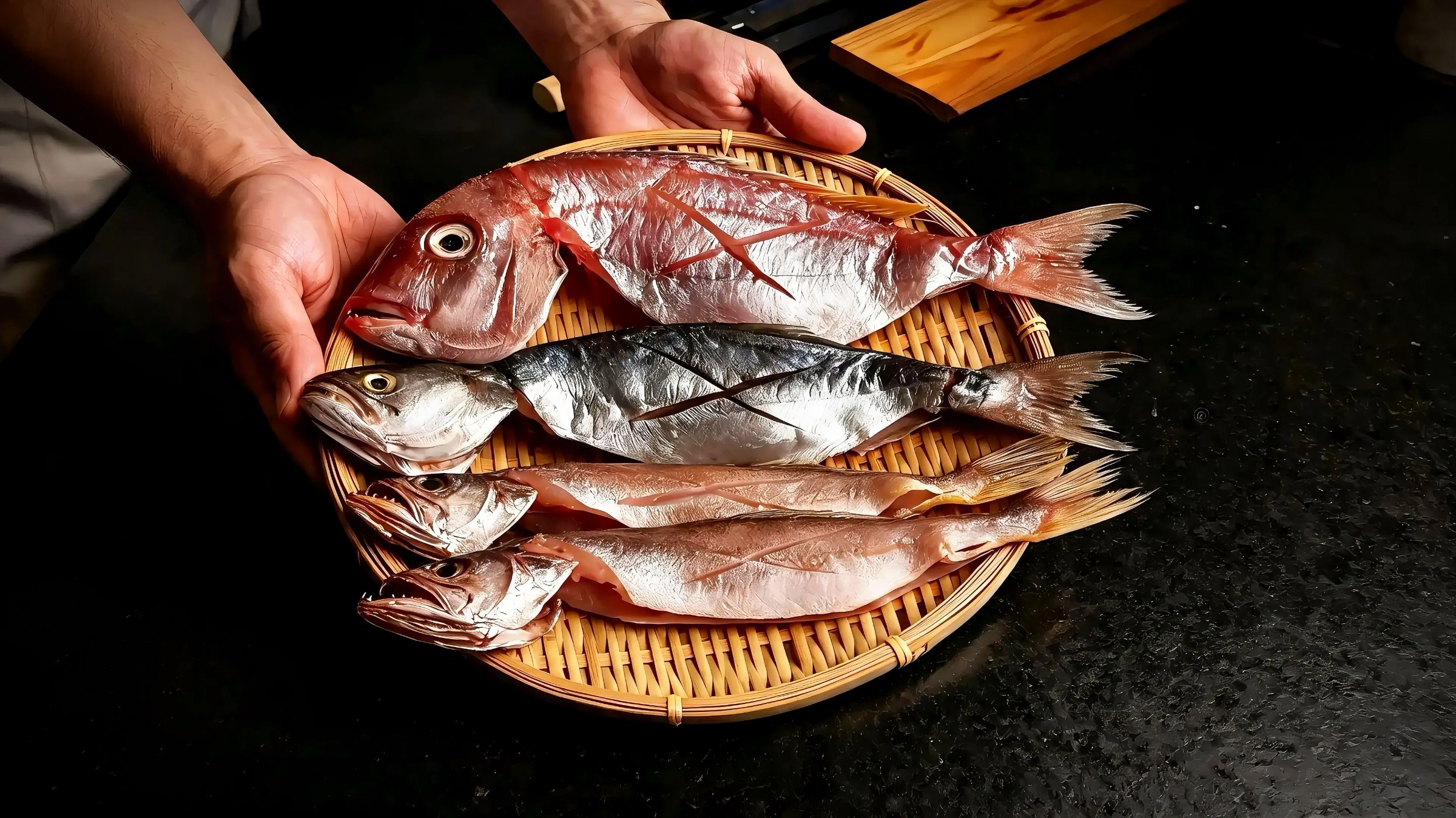 Peixes inteiros do dia numa cesta de bambu, nas mãos da cozinha do Imakay